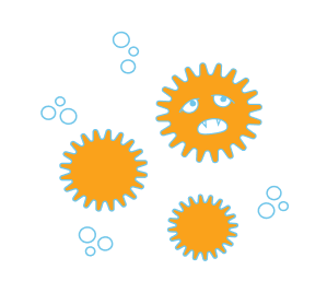 cartoon showing small cells and particles representing immune system
activity against cancer cells